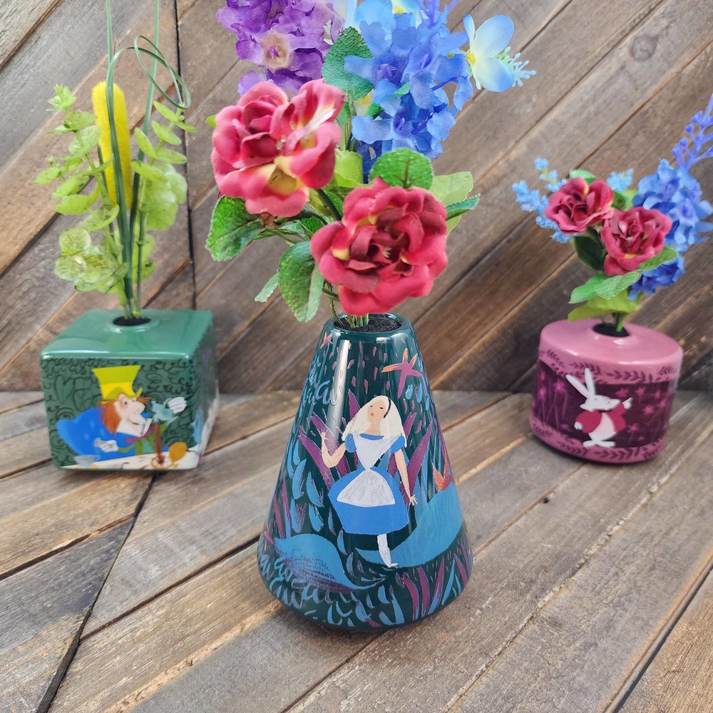70th Anniversary Alice In Wonderland Vase Three Piece Set NIB